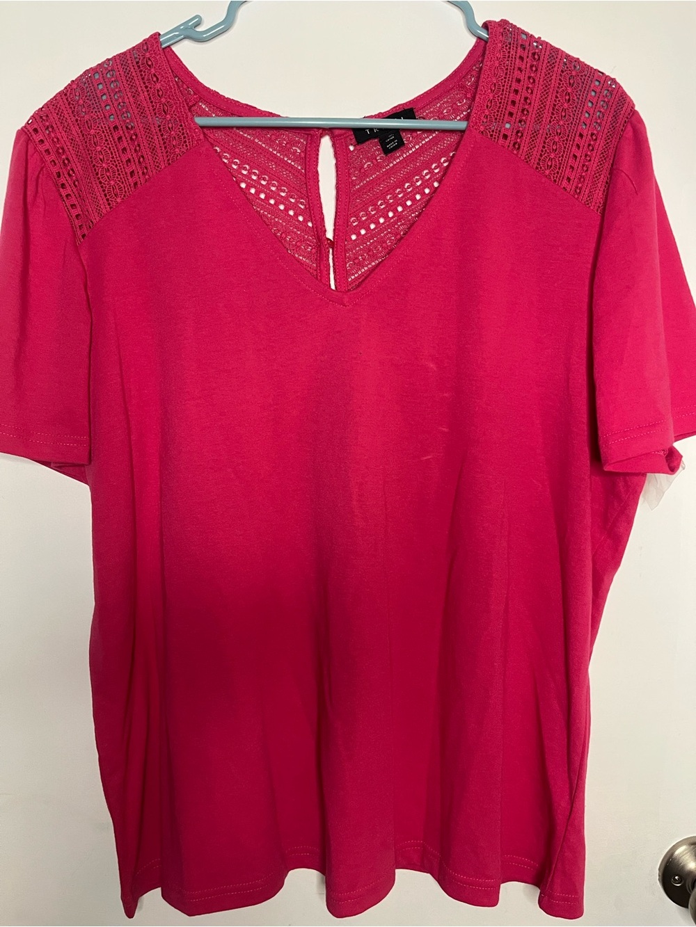 Tribal Hot Pink Crochet Yoke V-Neck Short Sleeve Top